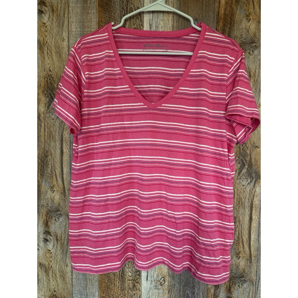 Eddie Bauer Womens XL Pink Striped V Neck Tee Shirt Short Sleeve Cotton Blend